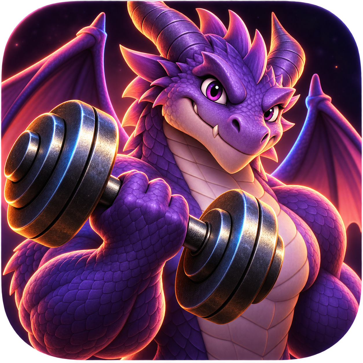Purple dragon holding a dumbbell